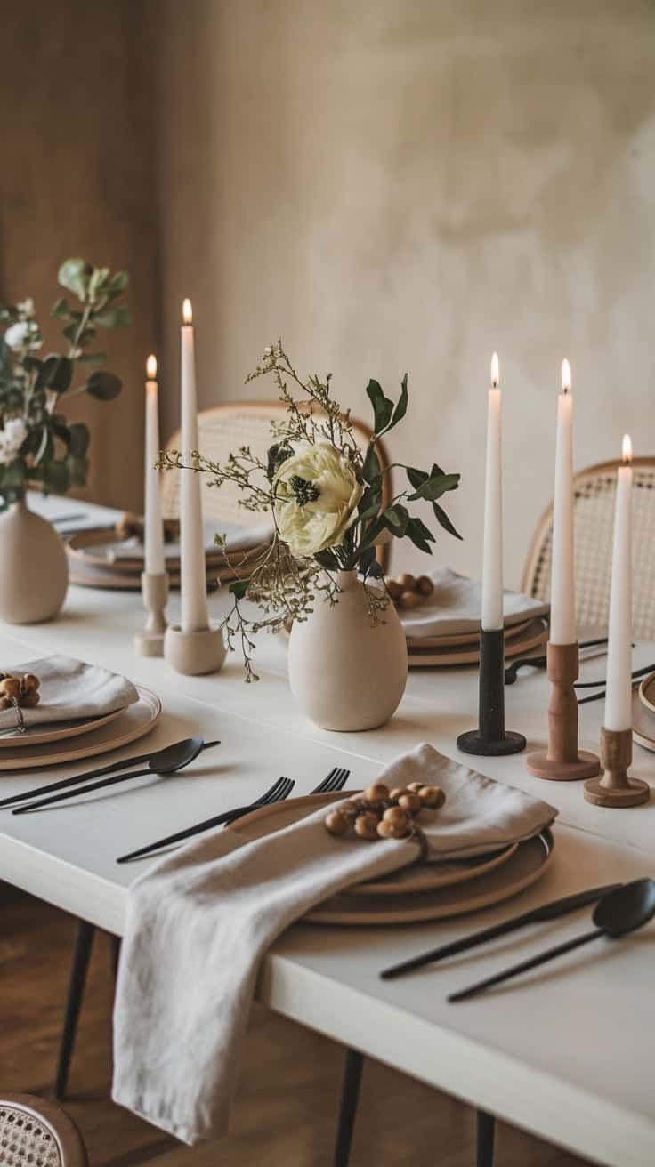 Composição de mesa com velas e arranjo floral